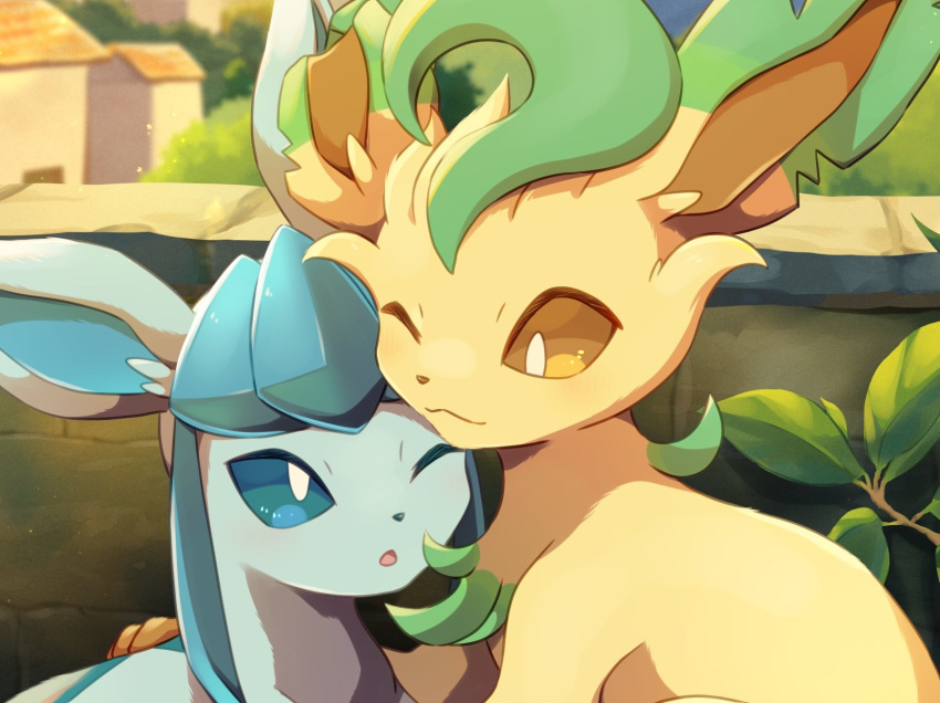 blue_eyes blue_fur bright_pupils brown_eyes building closed_mouth day glaceon green_fur highres kechon-san leaf leafeon no_humans one_eye_closed open_mouth outdoors pokemon pokemon_(creature) smile stone_wall two-tone_fur white_pupils yellow_fur