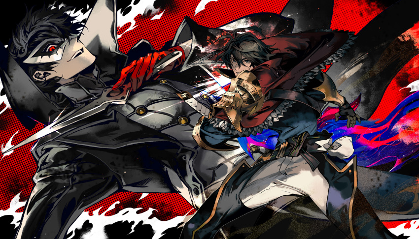 aldo_(another_eden) amamiya_ren another_eden black_coat black_hair blue_tunic coat crossover gloves highres holding holding_knife holding_sword holding_weapon kaifei_(kaifei_29) knife mask multiple_boys persona persona_5 red_eyes red_gloves single_shoulder_pad steel-toe_boots sword weapon white_mask