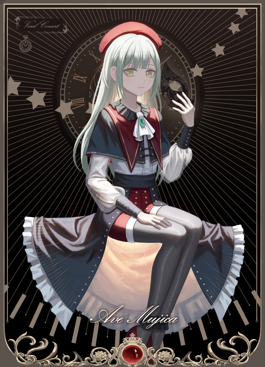 1girl ascot bang_dream! bang_dream!_it's_mygo!!!!! black_background black_capelet black_pantyhose black_skirt capelet chinese_commentary clock commentary_request cursive english_text expressionless green_brooch green_hair hat highres holding holding_mask long_hair long_sleeves looking_at_viewer mask pantyhose red_footwear red_hat red_shorts shirt shorts skirt solo star_(symbol) wakaba_mutsumi white_ascot white_shirt xukong yellow_eyes