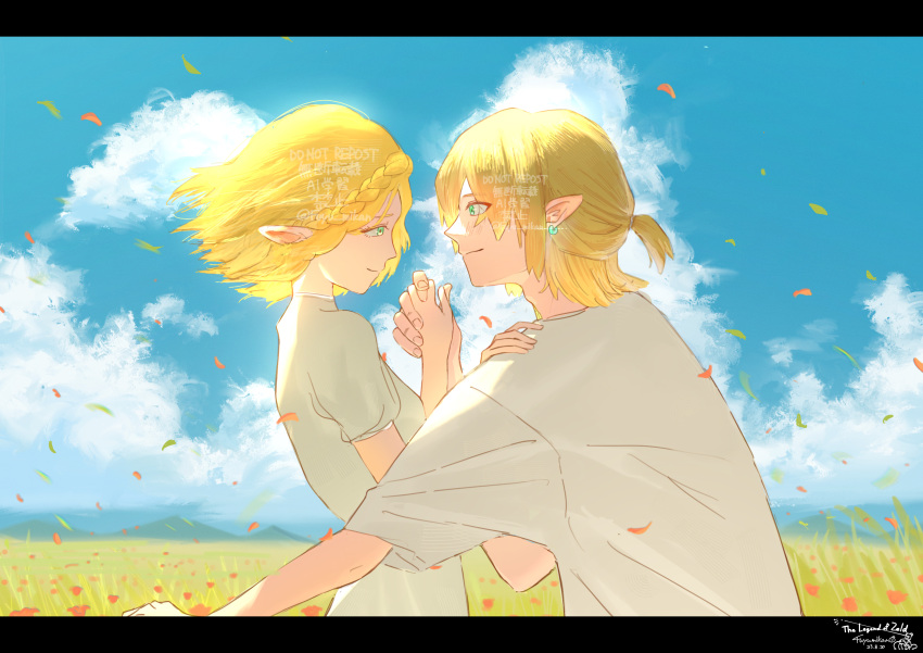 1boy 1girl absurdres artist_name blonde_hair blue_sky braid breasts casual closed_mouth clouds commentary_request copyright_name crown_braid dated day earrings english_text falling_petals flower from_side fuyu_mikan grass hair_tie hand_on_another's_shoulder hand_up happy highres holding_hands jewelry letterboxed link outdoors petals pointy_ears ponytail princess_zelda profile red_flower shirt short_hair short_sleeves sidelocks signature sky small_breasts smile standing the_legend_of_zelda the_legend_of_zelda:_tears_of_the_kingdom upper_body watermark white_shirt