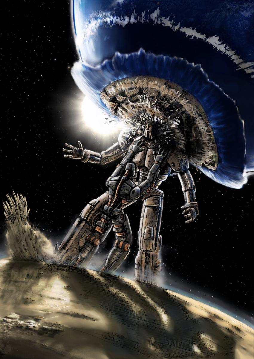 absurdres bionicle desert fighting great_spirit_robot ground_shatter highres looking_down mecha no_humans ocean open_hands orange_eyes planet pushing robot shockwave space squaredmich star_(symbol) sun the_lego_group water waving
