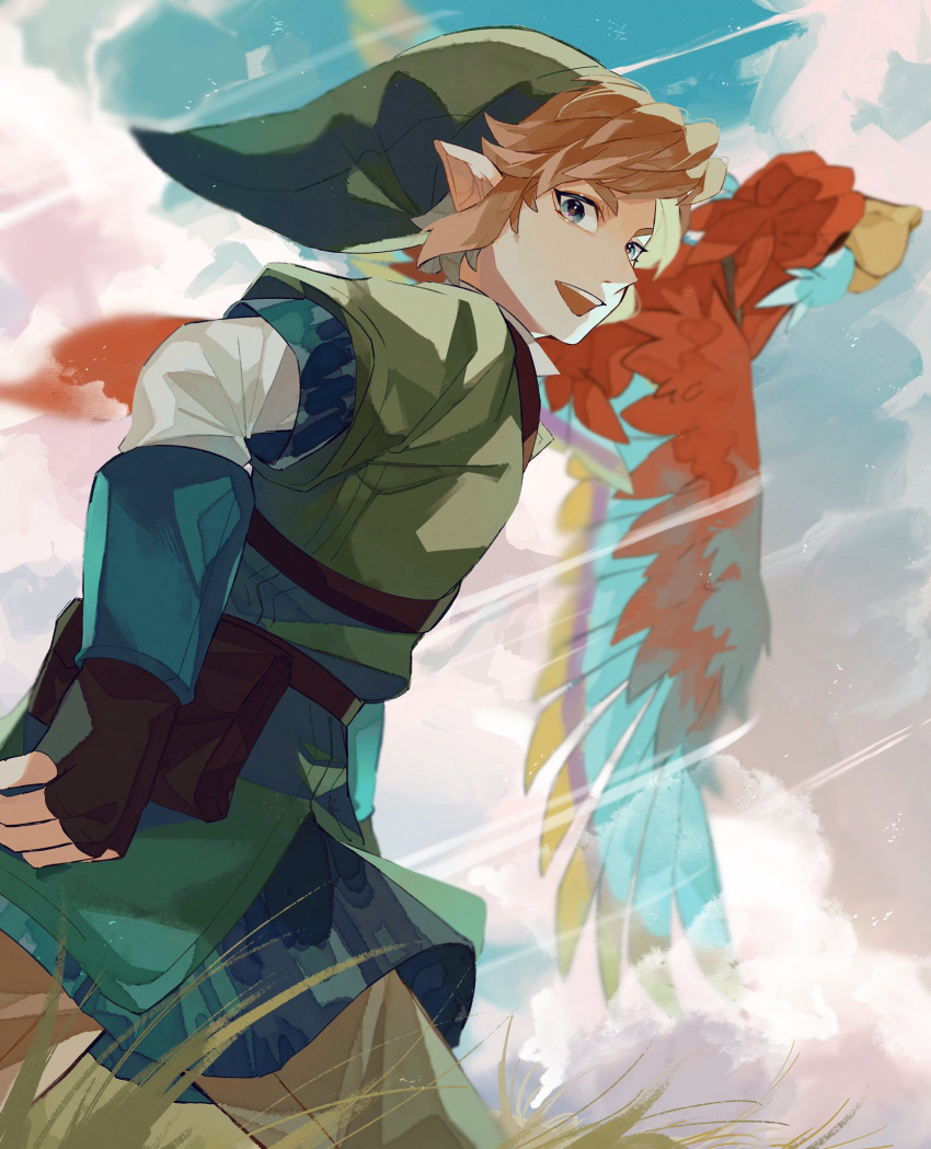 1boy armor bird blonde_hair chainmail clouds cloudy_sky cowboy_shot fingerless_gloves gloves green_hat green_tunic hat highres link long_sleeves male_focus open_mouth outdoors pisu_1107 pointy_ears pointy_hat rain shirt short_hair sky smile the_legend_of_zelda the_legend_of_zelda:_skyward_sword white_shirt