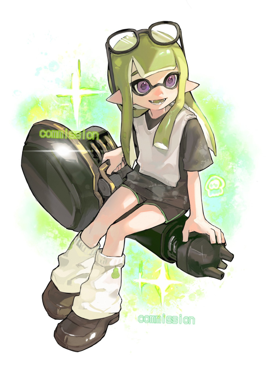 1girl black-framed_eyewear c0_mai commentary commission eyewear_on_head full_body glasses green_background green_hair highres inkling inkling_girl inkling_player_character long_hair nautilus_(splatoon) open_mouth pointy_ears sitting smile solo splatoon_(series) splatoon_3 teeth tentacle_hair two-tone_background violet_eyes watermark white_background