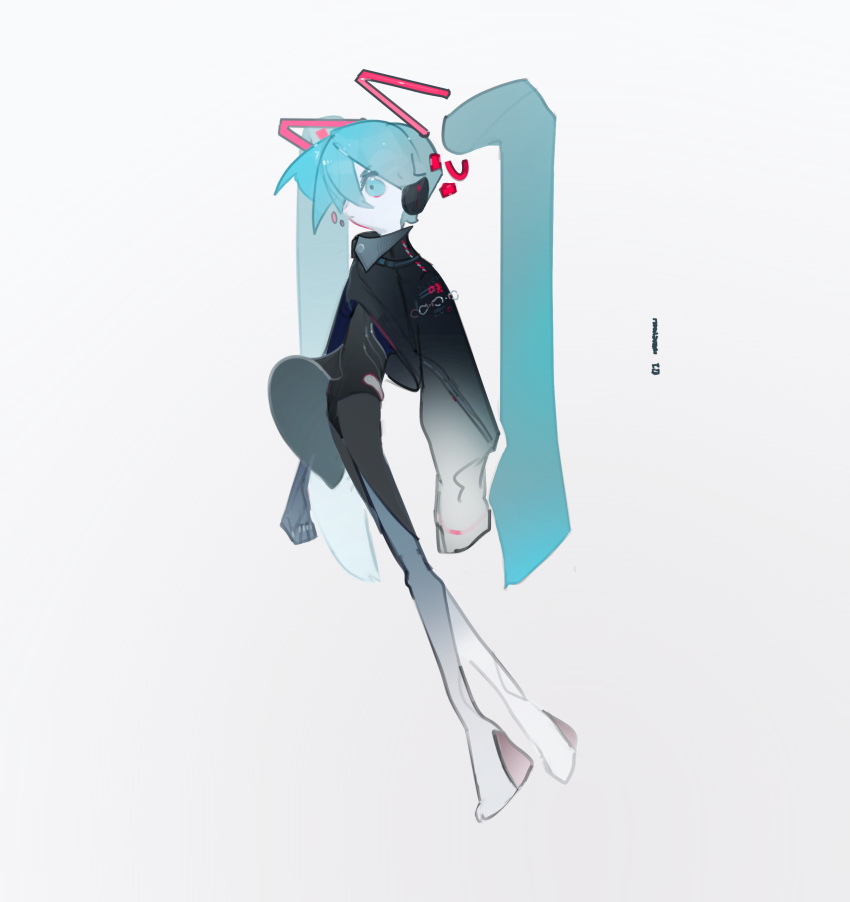 ! 052_(saniiiwan) 1girl absurdres alternate_costume black_bodysuit black_jacket blue_eyes blue_footwear blue_hair bodysuit boots closed_mouth colored_skin cropped_jacket detached_hair expressionless floating_headgear full_body gradient_footwear grey_background grey_skin hatsune_miku headgear headphones high_heel_boots high_heels highres jacket long_hair looking_ahead simple_background sleeves_past_fingers sleeves_past_wrists solo thigh_boots twintails vocaloid