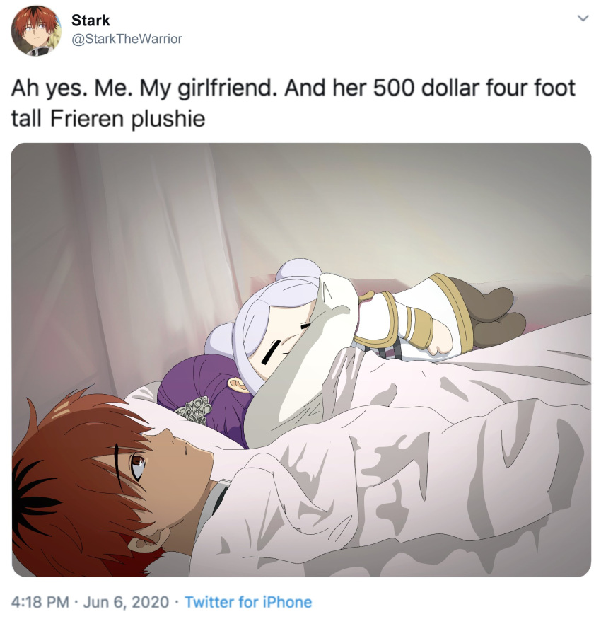 1boy 1girl 500_dollar_four_foot_tall_mareep_(meme) =_= bed commentary english_commentary english_text expressionless fake_screenshot fern_(sousou_no_frieren) frieren from_side fullheartart highres lying meme on_back on_bed photo-referenced pillow profile purple_hair redhead short_hair sleeping stark_(sousou_no_frieren) stuffed_toy twitter under_covers
