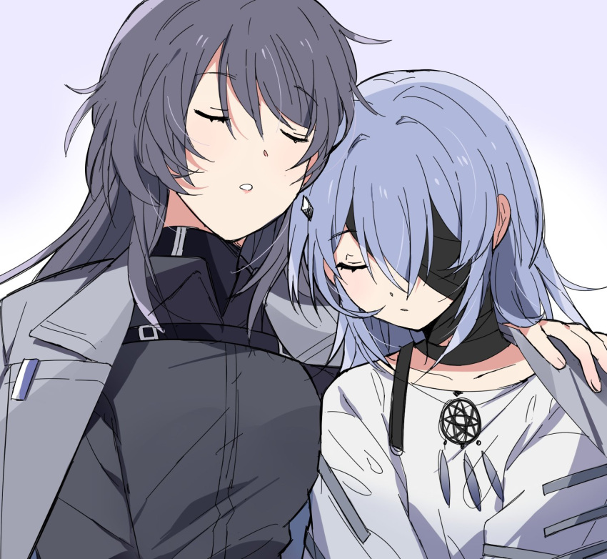 2girls black_blindfold black_choker black_hair black_shirt blindfold blue_hair chief_(path_to_nowhere) choker closed_eyes coat coat_on_shoulders collared_shirt dream_catcher female_chief_(path_to_nowhere) grey_coat hand_on_another's_shoulder head_on_another's_shoulder heads_together hecate_(path_to_nowhere) highres long_hair multiple_girls one_eye_covered parted_lips path_to_nowhere purple_background sappazell shirt simple_background sleeping sleeping_on_person upper_body white_shirt