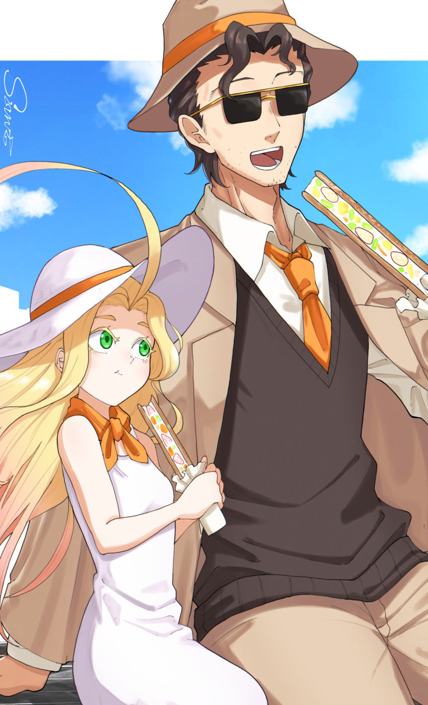 1boy 1girl absurdres ahoge billy_alfred black_hair black_sweater_vest blonde_hair brown_hat brown_pants clouds day dress facial_hair food green_eyes hat highres ice_cream ice_cream_sandwich long_sleeves outdoors pants shishiruto sleeveless stubble sunglasses sweater_vest tatiana_(undead_unluck) undead_unluck white_dress