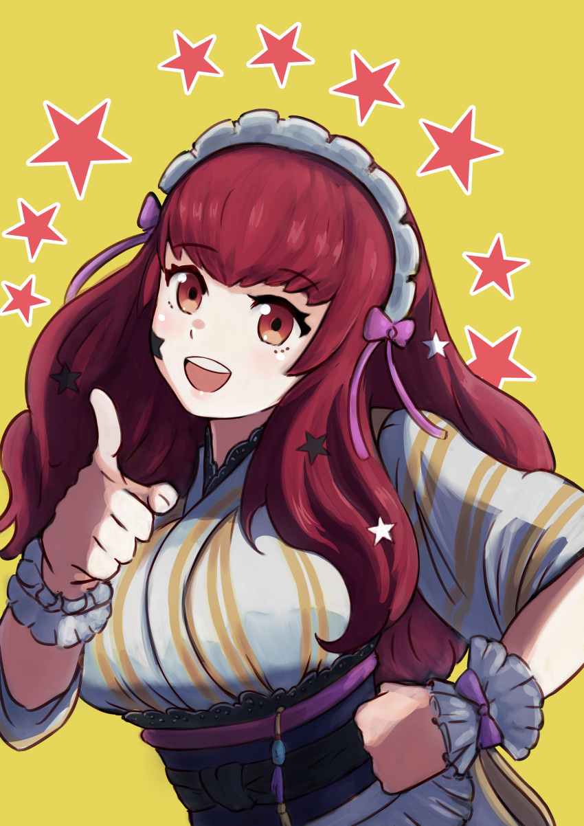 1girl absurdres alternate_costume bow cianter facial_mark fire_emblem fire_emblem_engage hair_ornament hairband highres maid_day open_mouth pink_bow red_eyes redhead solo star_(symbol) star_facial_mark star_hair_ornament teeth upper_teeth_only yunaka_(fire_emblem)