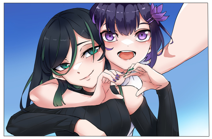 2girls arm_around_neck bidortw black_hair blue_background bra_strap breasts chinese_commentary commentary_request detached_sleeves flower gradient_background green_eyes green_hair green_nails hair_between_eyes hair_flower hair_ornament heart heart_hands heart_hands_duo highres kombu_(springfish) medium_breasts multicolored_hair multiple_girls nail_polish open_mouth purple_hair purple_nails ribbed_sweater selfie single_detached_sleeve smile springfish_studio streaked_hair sweater two-tone_hair violet_eyes xiangyu_(springfish)