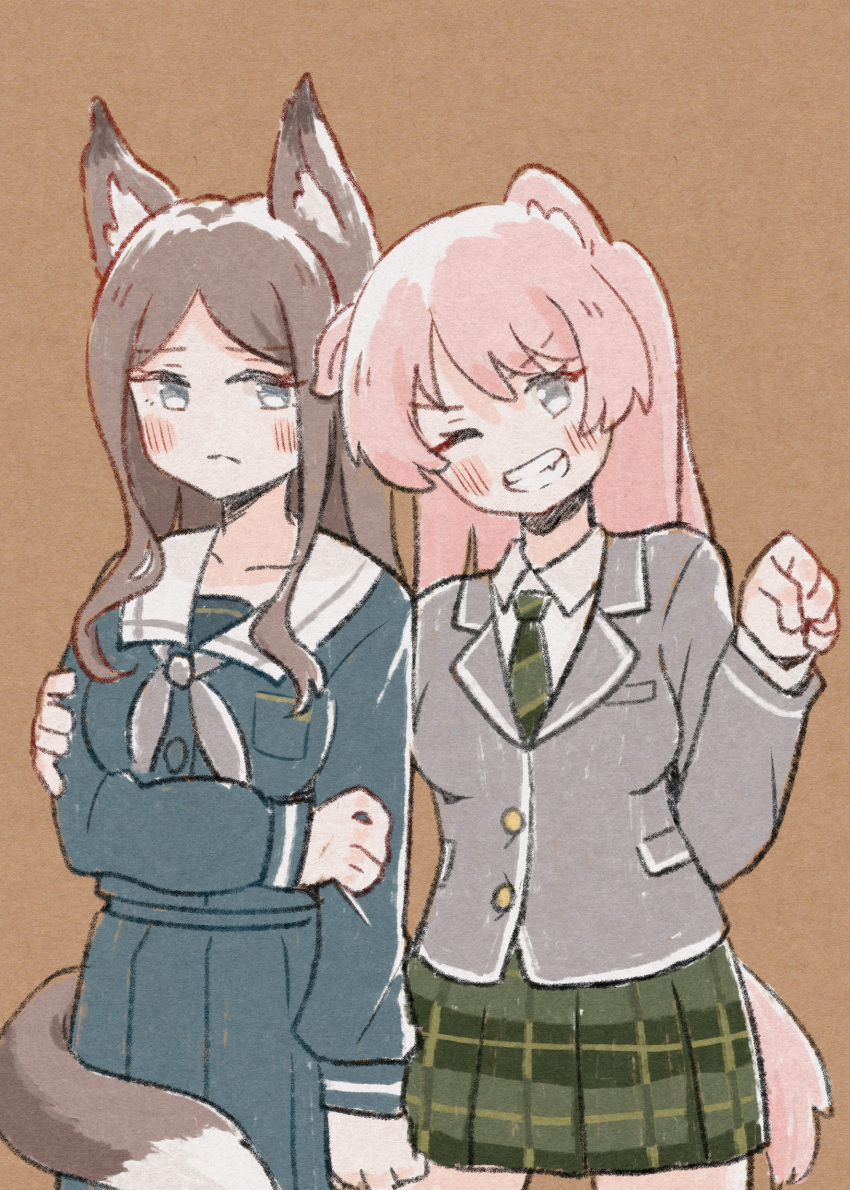 2girls absurdres animal_ears bang_dream! bang_dream!_it's_mygo!!!!! blue_eyes blue_shirt blue_skirt blush breasts brown_background brown_hair chihaya_anon clenched_teeth closed_mouth collarbone diagonal-striped_clothes diagonal-striped_necktie dog_ears dog_girl dog_tail fox_ears fox_girl fox_tail green_necktie green_skirt grey_eyes grey_jacket grey_neckerchief haneoka_school_uniform highres jacket kemonomimi_mode long_hair long_sleeves looking_at_viewer medium_breasts multiple_girls nagasaki_soyo neckerchief necktie no_pupils parted_bangs pink_hair plaid plaid_skirt pleated_skirt risai sailor_collar school_uniform shirt sidelocks skirt striped_clothes tail teeth tsukinomori_school_uniform white_sailor_collar