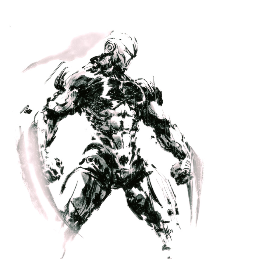alzandahh arm_blade clenched_hands cybernetic cybernetic_parts cyborg energy_blade fulgore greyscale highres humanoid_robot killer_instinct knees_out_of_frame looking_to_the_side monochrome no_humans robot simple_background standing weapon white_background