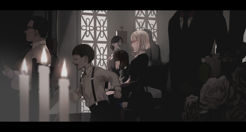 2boys 4girls 7wata_himori bag black_dress black_hair blonde_hair bouquet candle church closed_mouth collared_shirt commentary_request dress expressionless fate/prototype fate/prototype:_fragments_of_blue_and_silver fate_(series) flower glasses highres indoors letterboxed multiple_boys multiple_girls necktie open_mouth people pew sajou_ayaka_(fate/prototype) sajou_manaka shirt short_hair suspenders white_shirt