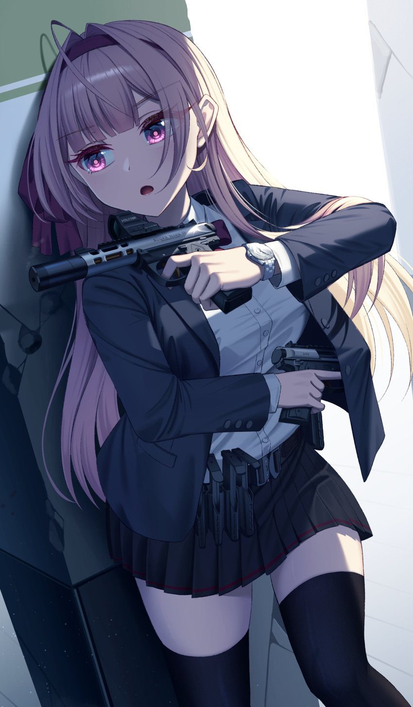 1girl absurdres ammunition_pouch angel_ina belt black_belt black_skirt black_thighhighs blue_jacket bullet_hole buttons character_request commentary_request day dual_wielding gun handgun headband highres holding holding_gun holding_weapon jacket leaning_back long_hair magazine_(weapon) open_clothes open_jacket open_mouth original pink_eyes pink_hair pleated_skirt pouch purple_headband ruger_mark_iv shirt skirt solo standing thigh-highs watch watch weapon white_shirt