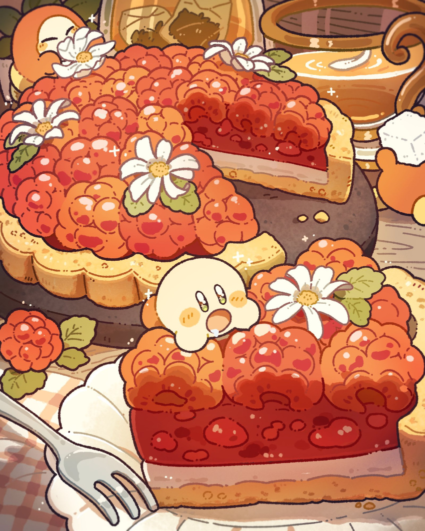 black_eyes blush_stickers bright_pupils carrying closed_eyes cup flower food fork harukui highres indoors kirby kirby_(series) lying minimized no_humans on_stomach open_mouth pie plate saliva sugar_cube tea teacup waddle_dee white_flower white_pupils