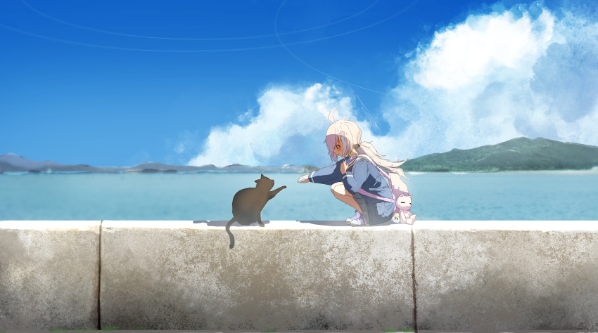 1girl absurdres ahoge bag blue_archive blue_skirt blue_sky blush cat clouds grey_hair highres long_hair long_sleeves looking_at_animal multicolored_hair norio_(norio386) outdoors outstretched_arm reisa_(blue_archive) school_uniform shoes skirt sky sneakers solo squatting stuffed_toy twintails