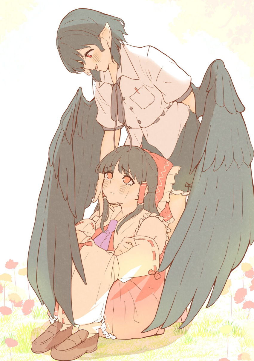 2girls arm_behind_back ascot bird_wings black_hair black_skirt black_wings blush bow breast_pocket buttons chilwell_seele closed_eyes closed_mouth collared_shirt commentary_request crying crying_with_eyes_open detached_sleeves frilled_bow frilled_hair_tubes frills hair_bow hair_tubes hakurei_reimu hand_on_another's_cheek hand_on_another's_face highres hugging_own_legs long_hair multiple_girls no_headwear open_mouth pocket pointy_ears red_bow red_eyes red_skirt ribbon-trimmed_sleeves ribbon_trim shameimaru_aya shirt short_hair sitting skirt skirt_set smile tears touhou white_shirt wings