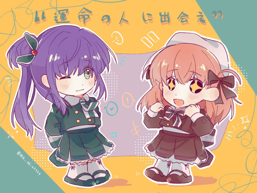 ! +_+ ... 2girls :d ;) arms_behind_back beret black_ribbon blush brown_footwear brown_jacket brown_ribbon brown_skirt buttons cerise_bouquet closed_mouth collared_shirt commentary crossed_bangs deformed double-breasted fortune_movie_(love_live!) green_background green_eyes green_footwear green_jacket green_necktie green_skirt grey_background hair_bun hair_ribbon hands_up hat heart hinoshita_kaho jacket link!_like!_love_live! long_hair looking_at_another love_live! mary_janes medium_hair multicolored_background multiple_girls neck_ribbon necktie notice_lines one_eye_closed orange_background orange_hair otomune_kozue purple_hair ribbon shadow shirt shoes side_ponytail sidelocks single_side_bun skirt smile socks sparkle spoken_ellipsis spoken_exclamation_mark spoken_heart standing striped_ribbon symbol-only_commentary translation_request twitter_username two_side_up virtual_youtuber white_hat white_necktie white_ribbon white_shirt white_socks woodonly
