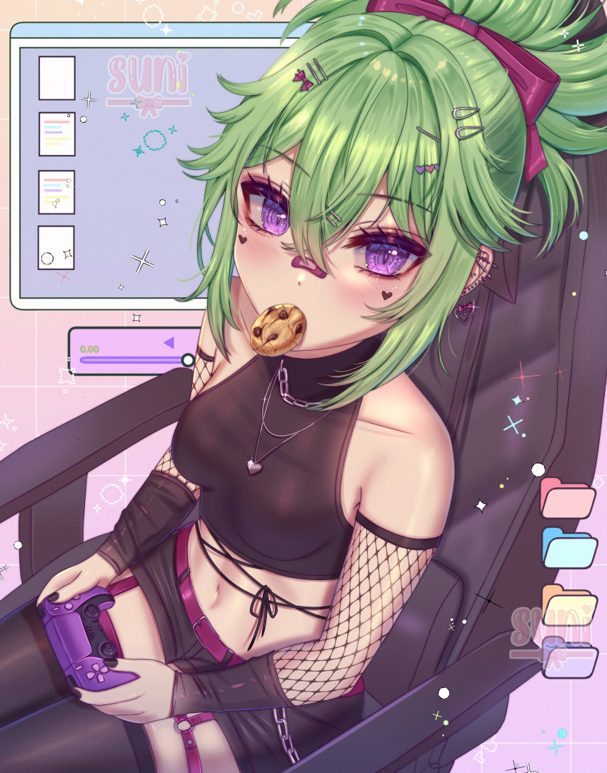 1girl absurdres black_thighhighs blush breasts chair controller cookie crop_top food food_in_mouth game_controller genshin_impact green_hair hair_ornament hairclip heart_pendant highres kuki_shinobu long_hair looking_at_viewer medium_breasts midriff navel ponytail short_shorts shorts sitting solo su_niii thigh-highs violet_eyes