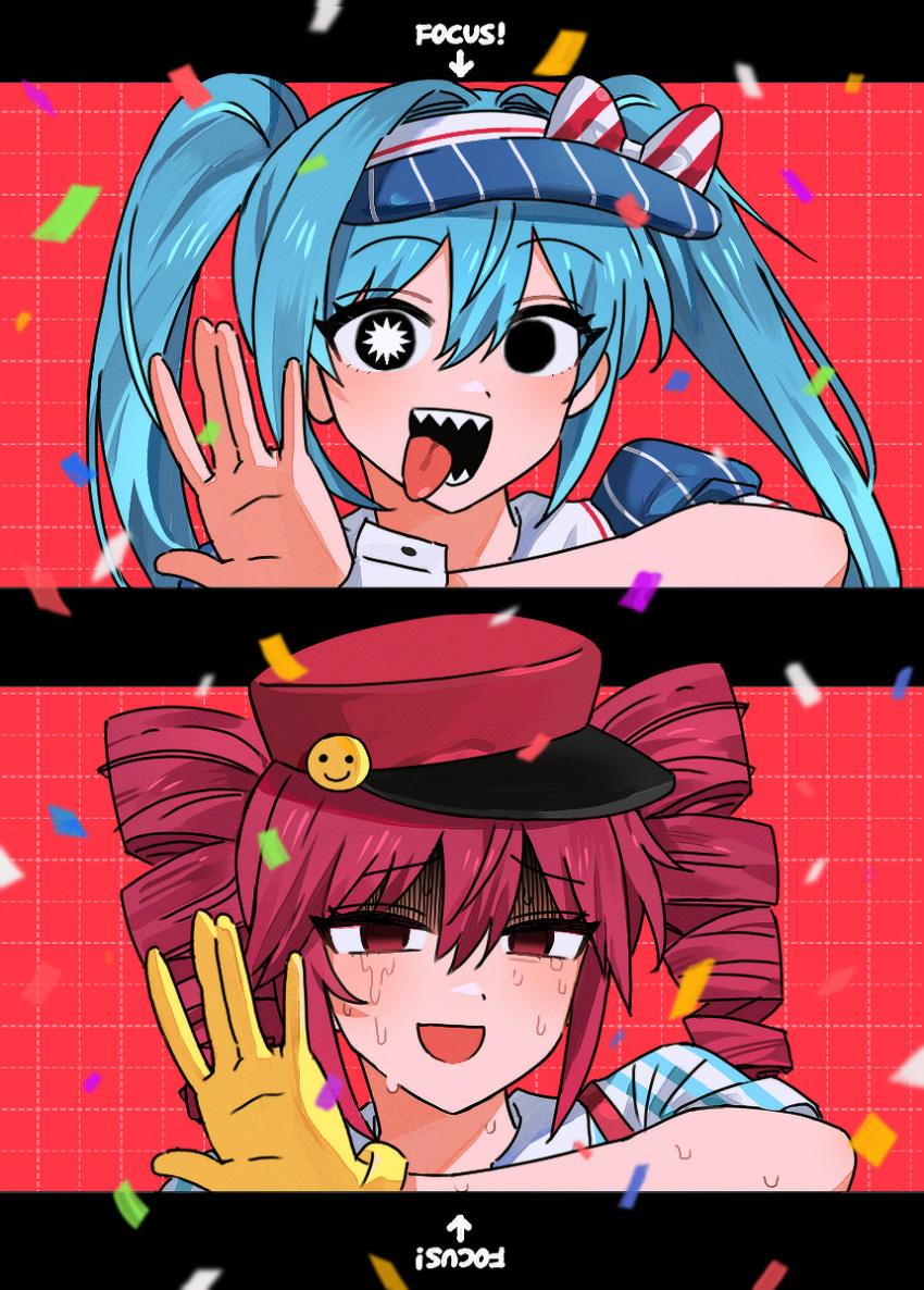 2girls absurdres black_eyes black_mouth blue_dress blue_hair bow confetti crying dress drill_hair gloves grid_background hair_bow hat hatsune_miku highres kasane_teto long_hair looking_at_viewer mesmerizer_(vocaloid) multiple_girls open_mouth pink_hair red_background red_hat shaded_face sharp_teeth smile sono_(sanch1_88) striped_bow sweat symbol_in_eye teeth tongue tongue_out tridecagram twin_drills twintails utau very_long_hair visor_cap vocaloid yellow_gloves