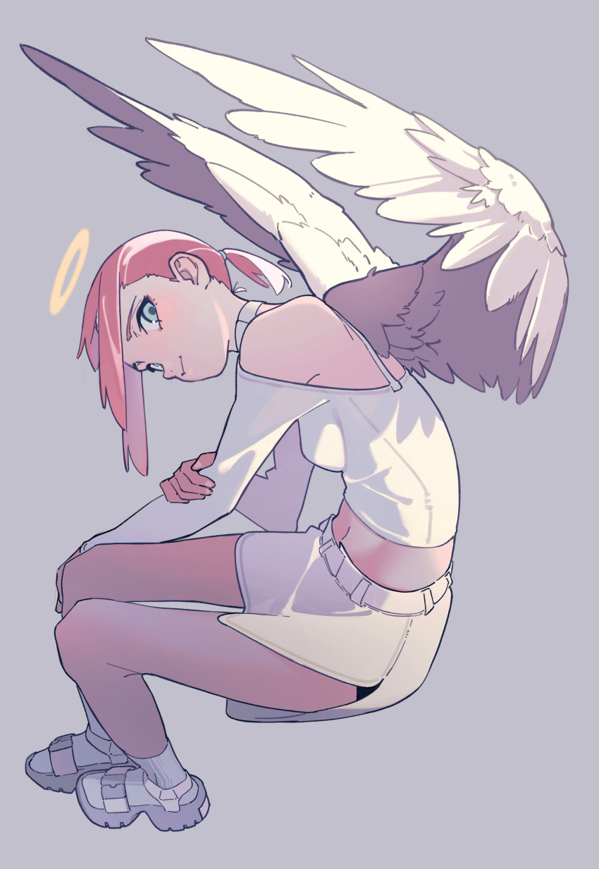 1girl absurdres angel angel_wings bare_shoulders blue_eyes breasts crop_top feathered_wings full_body halo highres looking_at_viewer navel original ozorano_megane pink_hair shoes short_ponytail sitting skirt small_breasts smile sneakers solo white_skirt white_wings wings
