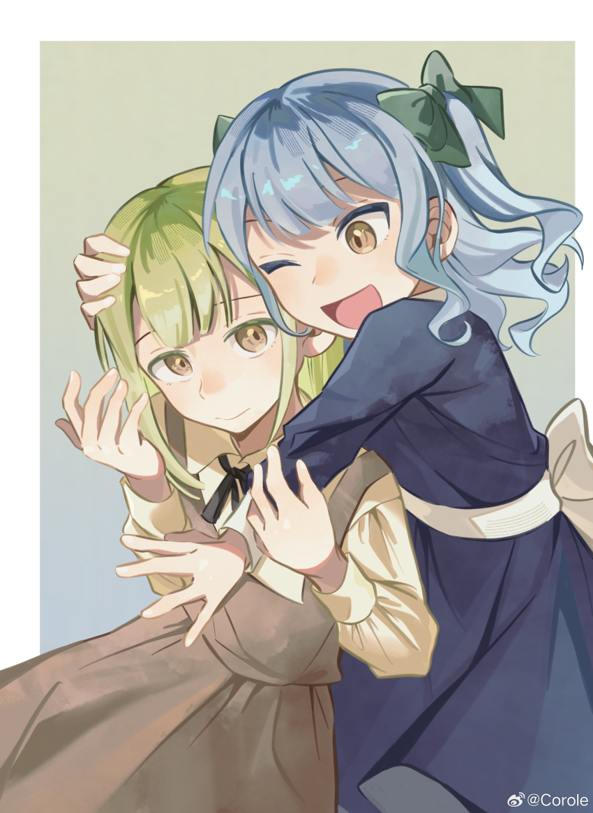 2girls absurdres aged_down bang_dream! bang_dream!_it's_mygo!!!!! black_ribbon blue_background blue_dress blue_hair border bow brown_dress chinese_commentary closed_mouth commentary_request dress gradient_background green_background green_bow green_hair hair_bow highres hug long_hair long_sleeves multiple_girls neck_ribbon one_eye_closed open_mouth pinafore_dress ribbon shirt sleeveless sleeveless_dress smile togawa_sakiko two_side_up wakaba_mutsumi weibo_watermark white_border yellow_eyes yellow_shirt yui_k_(yuik48074789)