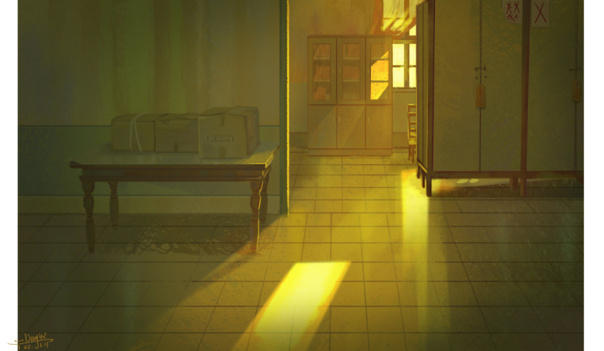 bookshelf box chair chinese_commentary commentary_request curtains dappled_sunlight dated indoors no_humans original pillarboxed sanshui_guantang scenery signature sunlight table tile_floor tiles wardrobe window yellow_theme