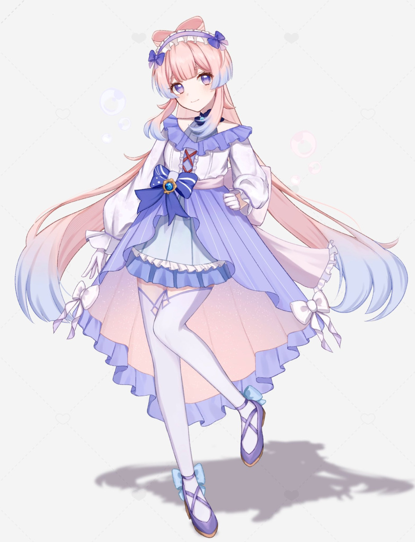 1girl air_bubble alternate_costume blue_gemstone blue_hair bow bow-shaped_hair bubble closed_mouth colored_tips dress_bow footwear_bow full_body gem genshin_impact gloves hand_on_own_hip heart highres long_hair long_sleeves looking_at_viewer multicolored_hair pink_hair pomufuwari purple_footwear sangonomiya_kokomi shadow sidelocks simple_background smile solo standing standing_on_one_leg thigh-highs violet_eyes vision_(genshin_impact) white_gloves white_thighhighs