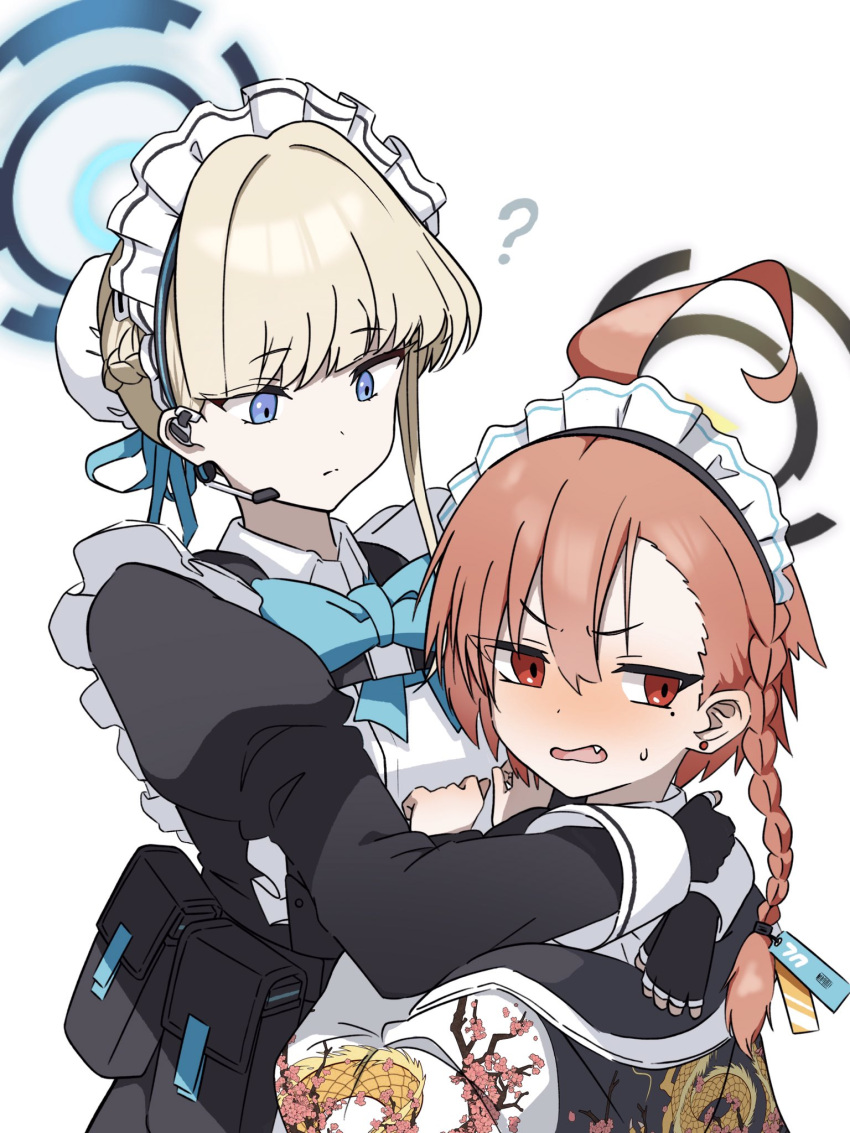 2girls ? ahoge apron arms_around_neck asymmetrical_bangs averting_eyes belt_pouch black_gloves blonde_hair blue_archive blue_bow blue_bowtie blue_eyes blush bow bowtie braid bun_cover chest_harness clenched_hands closed_mouth earrings fang fingerless_gloves frilled_apron frills gloves hair_bow halo harness highres hug jacket jewelry juliet_sleeves long_sleeves looking_at_another maid_apron maid_headdress mole mole_under_eye multiple_girls neru_(blue_archive) nose_blush pouch puffy_sleeves red_eyes redhead short_eyebrows simple_background single_braid sukajan toki_(blue_archive) uni_gyoza wavy_mouth white_background
