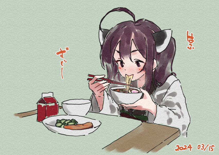 1girl ahoge blush bowl brown_eyes brown_hair chopsticks closed_mouth commentary_request dated eating food food_request green_background headgear holding holding_bowl holding_chopsticks japanese_clothes kamaboko kimono lamb_(hitsujiniku) long_sleeves narutomaki noodles plate simple_background sitting solo table touhoku_kiritan translation_request twintails upper_body voiceroid white_kimono wide_sleeves