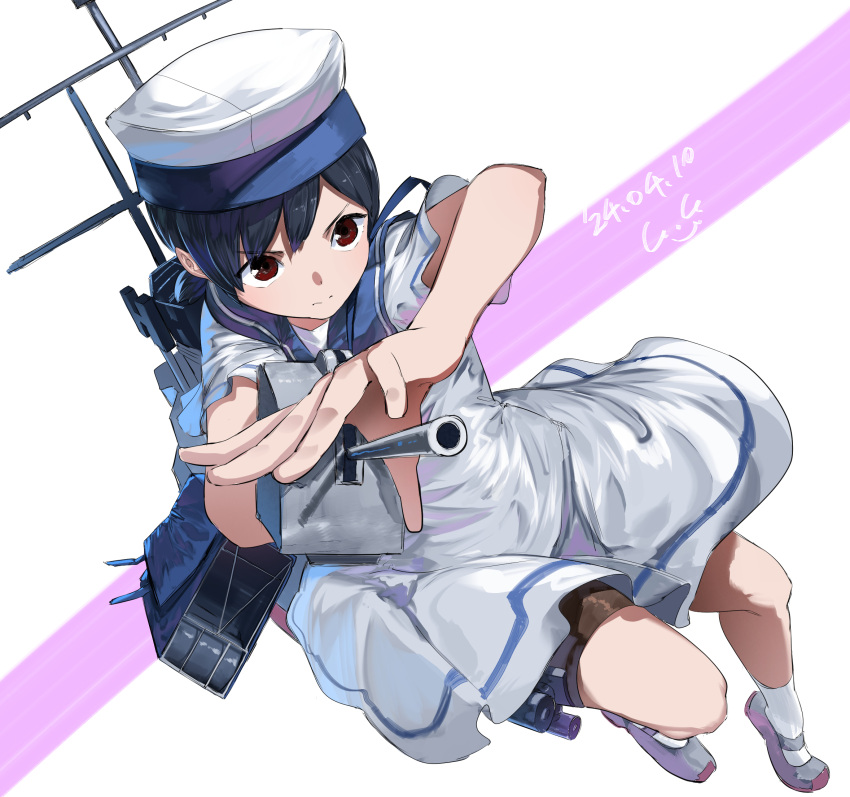 1girl adapted_costume adapted_turret bag black_hair blue_collar blue_sailor_collar brown_eyes cannon collar depth_charge dress gegeron gun hat highres kantai_collection low_ponytail machinery mast rigging sailor_collar sailor_dress sailor_hat short_hair short_sleeves shounan_(kancolle) smokestack solo turret twintails weapon white_background white_dress white_hat