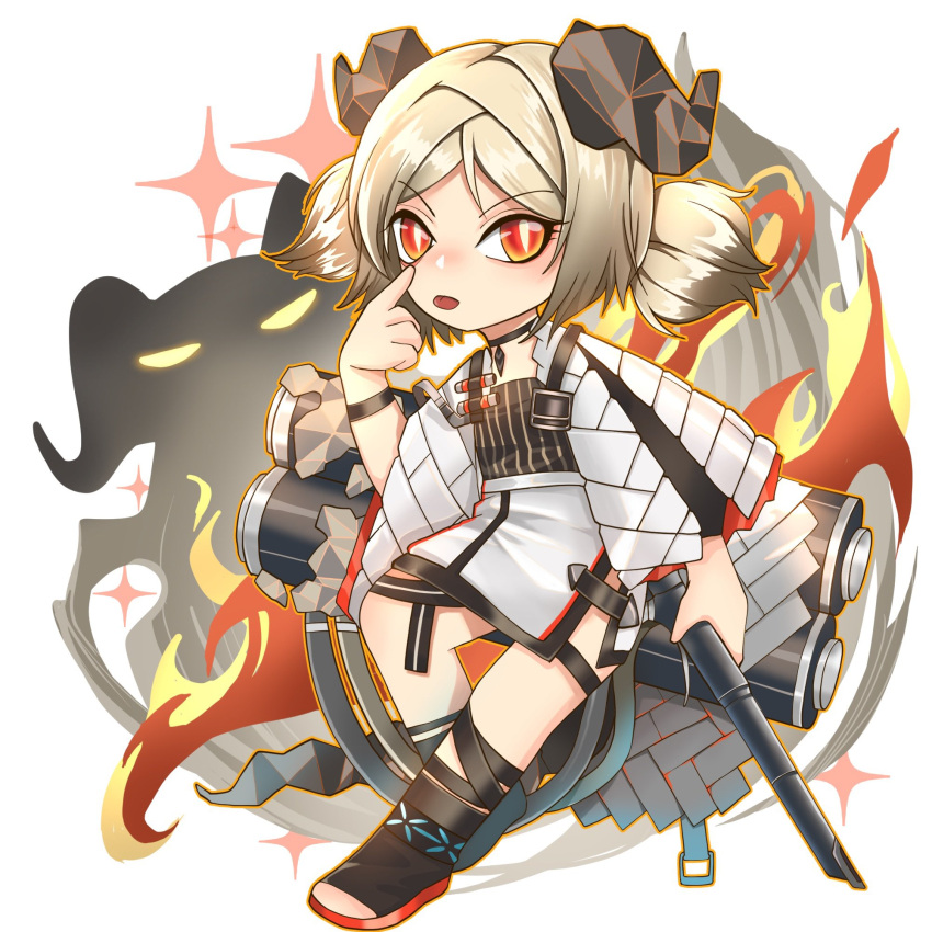 1girl andangpou antique_firearm arknights black_choker black_dress black_footwear breasts chibi choker clip_studio_paint_(medium) commission dress finger_to_eye fire gun highres holding holding_gun holding_weapon horns ifrit_(arknights) jacket light_brown_hair looking_at_viewer open_mouth pointing pyrokinesis red_eyes shoes short_twintails simple_background sitting solo_focus toeless_footwear twintails weapon white_background white_jacket