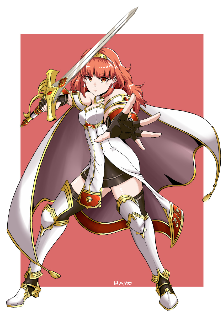 1girl absurdres bare_shoulders black_gloves black_skirt black_thighhighs breasts brown_eyes cape celica_(fire_emblem) cloak dress earrings fingerless_gloves fire_emblem fire_emblem_echoes:_shadows_of_valentia full_body gloves haho highres holding holding_sword holding_weapon jewelry leg_armor looking_at_viewer medium_hair orange_hair skirt sleeveless sleeveless_dress solo sword thigh-highs tiara toyota_celica weapon white_cape white_dress
