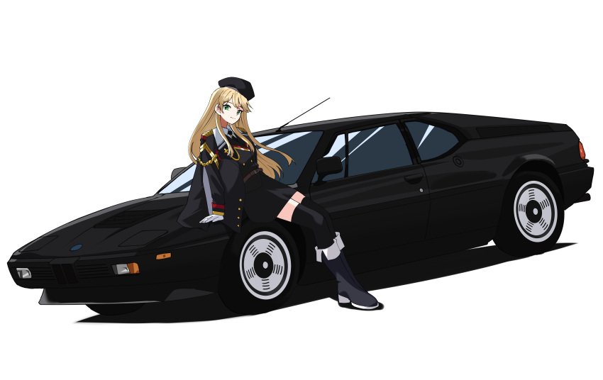 absurdres beret black_beret black_car black_coat blonde_hair bmw bmw_m1 boots car coat commission commissioner_upload girls_frontline gloves green_eyes hat highres leaning_on_object long_hair looking_at_viewer military_uniform motor_vehicle necktie skeb_commission smile stg44_(girls'_frontline) stg44_(mod3)_(girls'_frontline) thigh-highs uniform vehicle_focus very_long_hair white_gloves zono_(inokura_syuzo029)