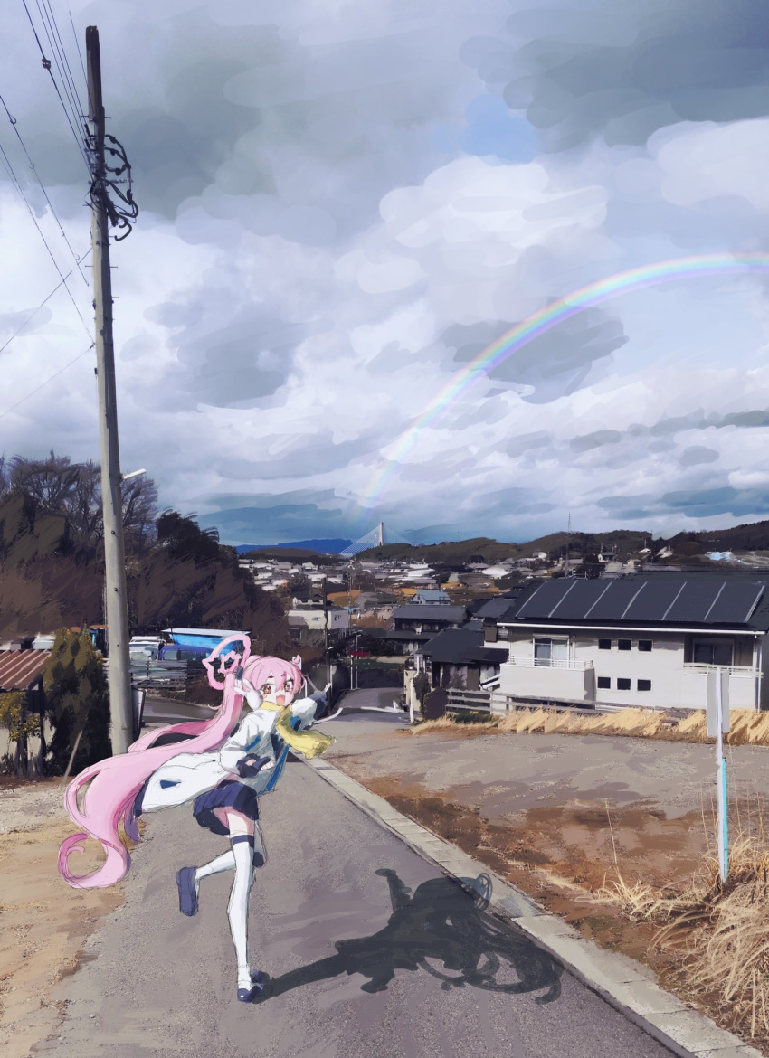 1girl black_gloves blue_archive brown_eyes building clouds cloudy_sky day earmuffs fang fingerless_gloves gloves halo highres koyuki_(blue_archive) long_hair miroir1120 open_mouth outdoors pink_hair pleated_skirt power_lines rabbit_earmuffs rainbow scarf scenery shadow skirt sky solo thigh-highs twintails utility_pole very_long_hair white_thighhighs yellow_scarf