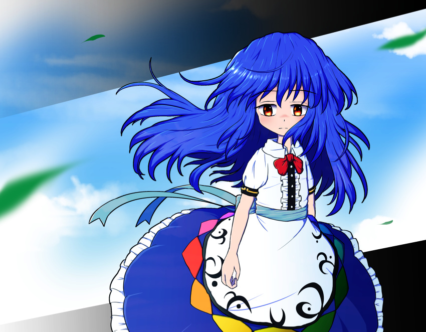 1girl apron astu_penguin back_bow blue_bow blue_hair blue_sash blue_skirt blue_sky bow bowtie buttons center_frills circle_skirt closed_mouth clouds collared_shirt commentary_request cowboy_shot day diao_ye_zong frilled_skirt frills highres hinanawi_tenshi light_blush light_frown long_hair looking_at_viewer no_headwear outdoors puffy_short_sleeves puffy_sleeves rainbow_gradient red_bow red_bowtie sash shide shirt short_sleeves skirt sky solo touhou waist_apron waist_sash white_apron white_shirt white_sleeves wind yellow_eyes