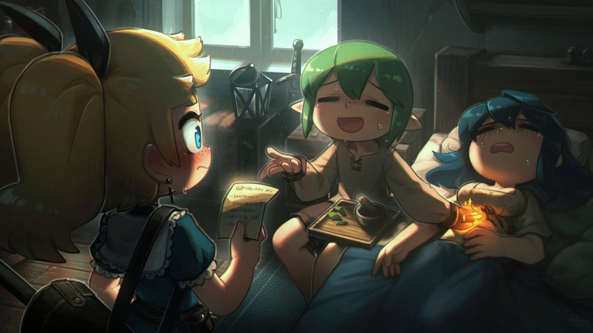 1boy 2girls :d absurdres bed blonde_hair blue_eyes blue_hair blush closed_eyes cressey_(porforever) cross cross_earrings earrings erynn_(porforever) fantasy freckles green_hair healing highres indoors jewelry mortar_(bowl) multiple_girls on_bed original pestle pointy_ears porforever sick smile sweatdrop twintails under_covers wallace_(porforever)