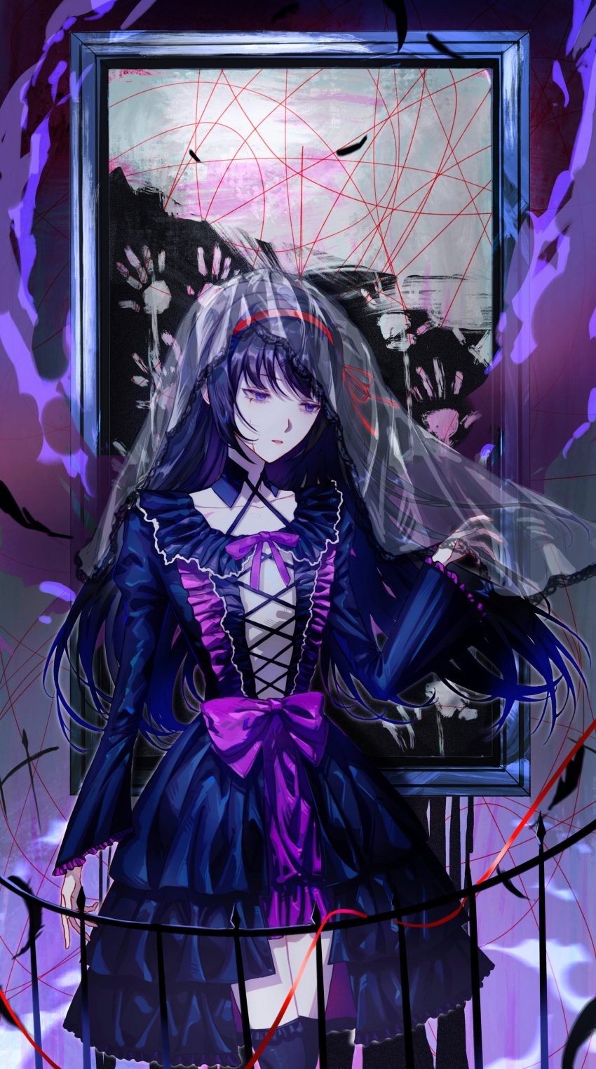 1girl absurdres akemi_homura black_dress black_hair blood blood_from_eyes bow bridal_veil chinese_commentary commentary_request dress hair_ribbon hairband hand_up handprint highres long_hair long_sleeves mahou_shoujo_madoka_magica mahou_shoujo_madoka_magica_(anime) neck_ribbon painting_(object) parted_lips purple_bow purple_ribbon railing red_hairband red_ribbon ribbon solo tianzhongdouyi1 veil