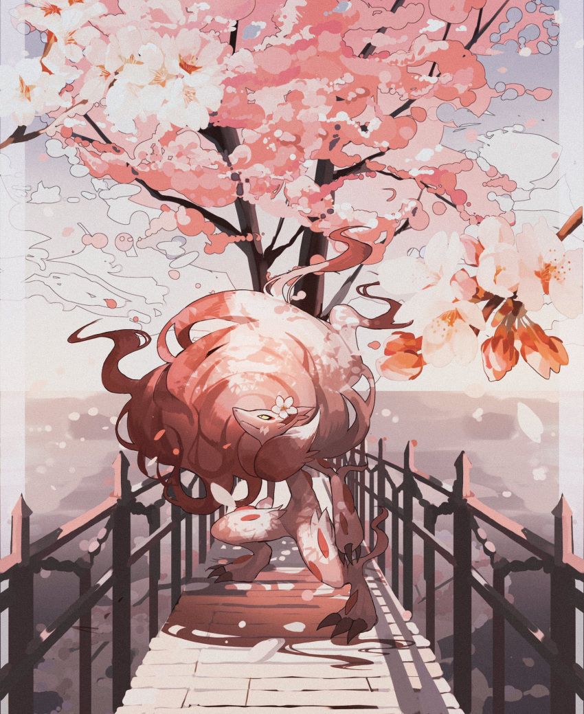 big_hair border bridge cherry_blossoms claws closed_mouth commentary_request falling_petals flower gradient_hair hair_flower hair_ornament highres hisuian_zoroark long_hair multicolored_hair no_humans outside_border petals pillarboxed pokemon pokemon_(creature) red_fur redhead reo_(mmocc123) standing tree two-tone_hair white_border white_fur white_hair yellow_eyes