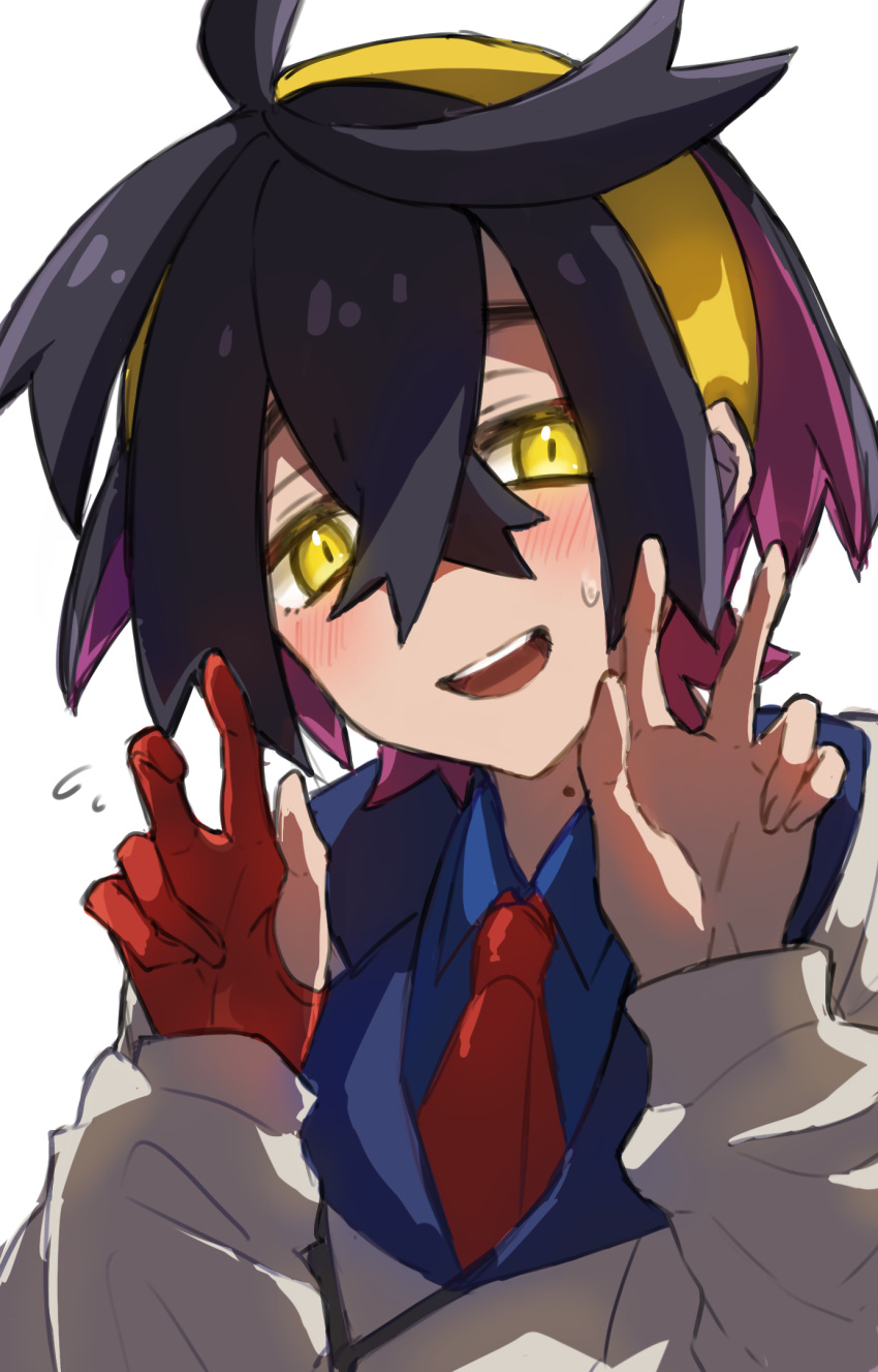 1boy 82hanico black_hair blue_shirt blush collared_shirt crossed_bangs double_w flying_sweatdrops gloves hair_between_eyes hairband highres jacket kieran_(pokemon) long_sleeves looking_at_viewer male_focus mole mole_on_neck open_mouth pokemon pokemon_sv red_gloves shirt single_glove upper_body w white_background white_jacket yellow_eyes