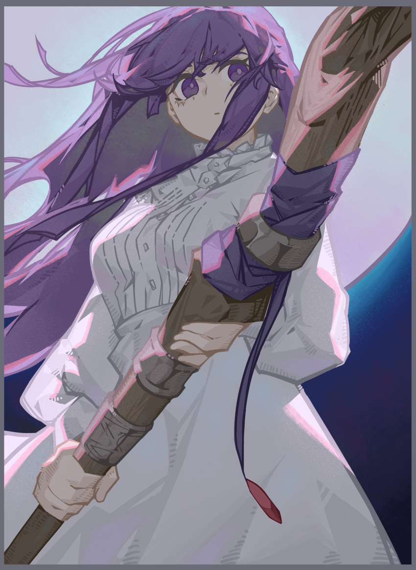 18660081532 1girl absurdres border breasts closed_mouth cowboy_shot dress fern_(sousou_no_frieren) floating_hair from_below grey_border highres holding holding_staff long_hair long_sleeves mage_staff medium_breasts moon moonlight puffy_sleeves purple_hair purple_ribbon ribbon solo sousou_no_frieren staff standing two-handed violet_eyes white_dress