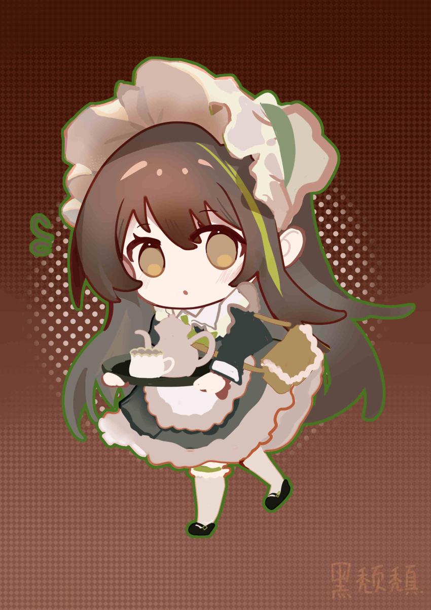 1girl absurdres apron bag brown_eyes brown_hair chibi cup dress girls_frontline green_hair heituitui highres m4a1_(fluffy_fruit_tea)_(girls'_frontline) m4a1_(girls'_frontline) maid_apron multicolored_hair official_alternate_costume pantyhose puffy_sleeves solo streaked_hair teacup teapot tray white_pantyhose