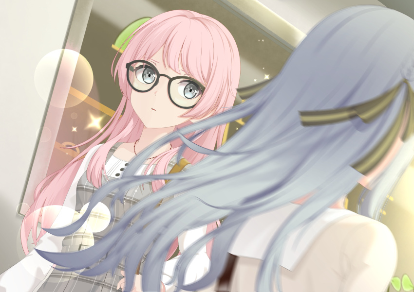 2girls bang_dream! bang_dream!_it's_mygo!!!!! black_ribbon blue_hair blurry breasts brown_shirt chihaya_anon chinese_commentary commentary_request depth_of_field dress glasses grey_dress grey_eyes hair_ribbon highres jewelry light_particles long_hair looking_at_another multiple_girls necklace parted_lips pinafore_dress pink_hair plaid plaid_dress ribbon sasaki3rd shirt sleeveless sleeveless_dress small_breasts togawa_sakiko white_shirt