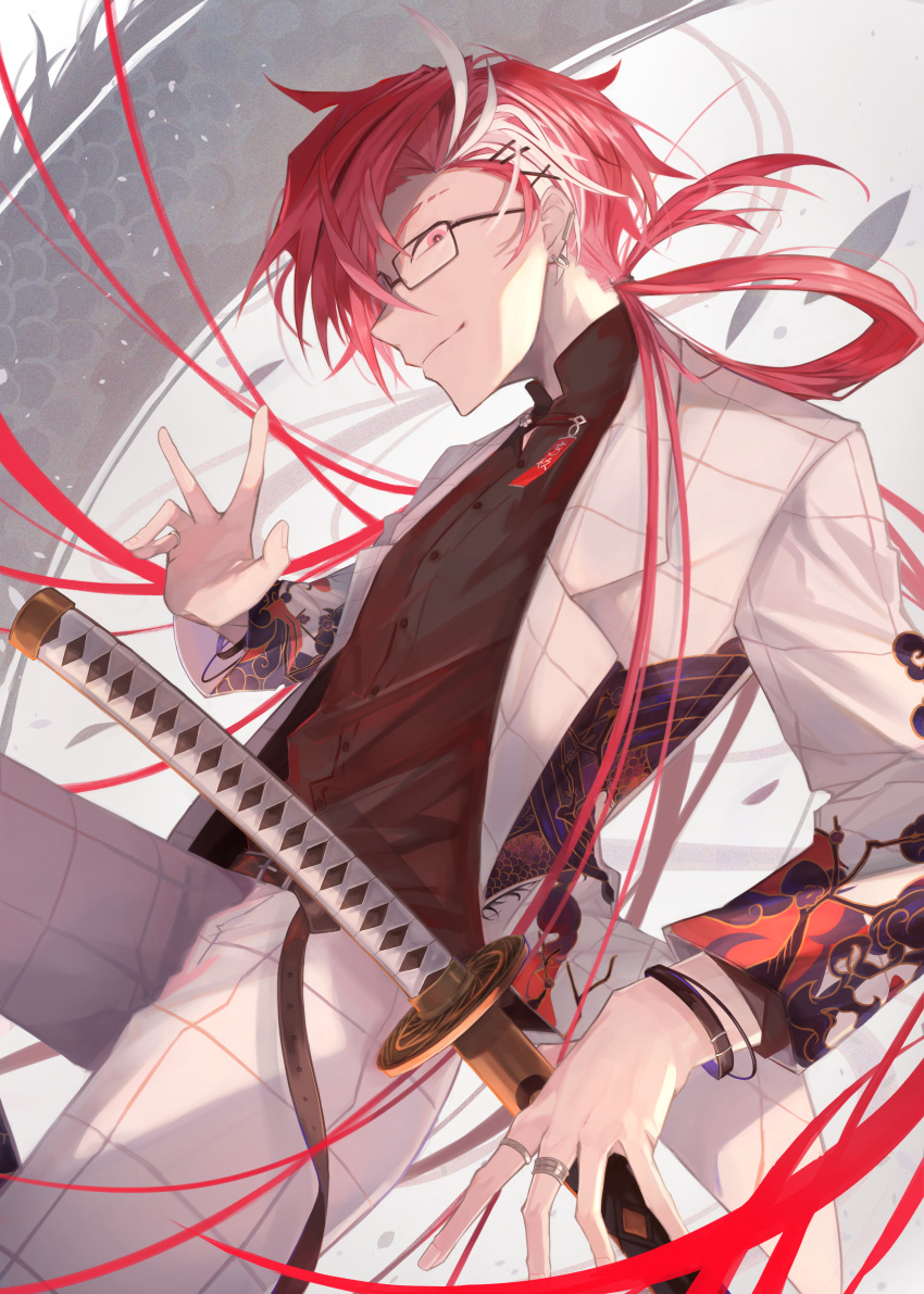 1boy absurdres alternate_costume belt bespectacled black-framed_eyewear black_hair black_shirt buttons collared_shirt cowboy_shot dragon_print earrings eyebrow_cut fate/grand_order fate_(series) formal glasses grid_print hair_over_one_eye highres holding jacket jewelry katana long_hair long_sleeves looking_at_viewer low_ponytail male_focus multicolored_hair multiple_rings pants red_eyes redhead ring shirt smile solo streaked_hair sword takasugi_shinsaku_(fate) user_cpew7427 very_long_hair weapon white_hair white_jacket wristband
