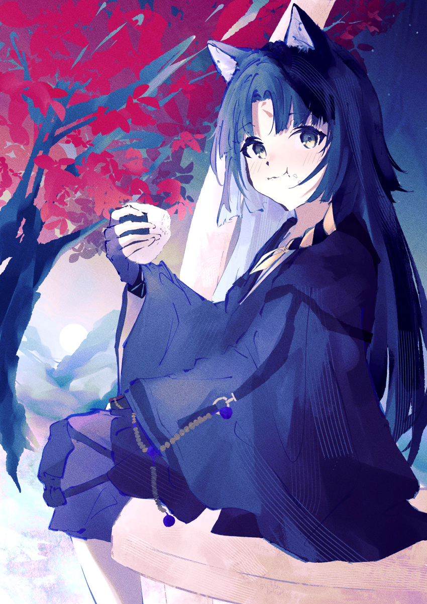 1girl absurdres animal_ears arknights black_eyes black_hair black_kimono blush closed_mouth eating facial_mark feet_out_of_frame fingerless_gloves food food_on_face forehead_mark gloves highres holding holding_food infection_monitor_(arknights) japanese_clothes kahiyan kimono leaf long_hair long_sleeves looking_at_viewer onigiri parted_bangs plant purple_gloves saga_(arknights) sitting smile solo tree wide_sleeves
