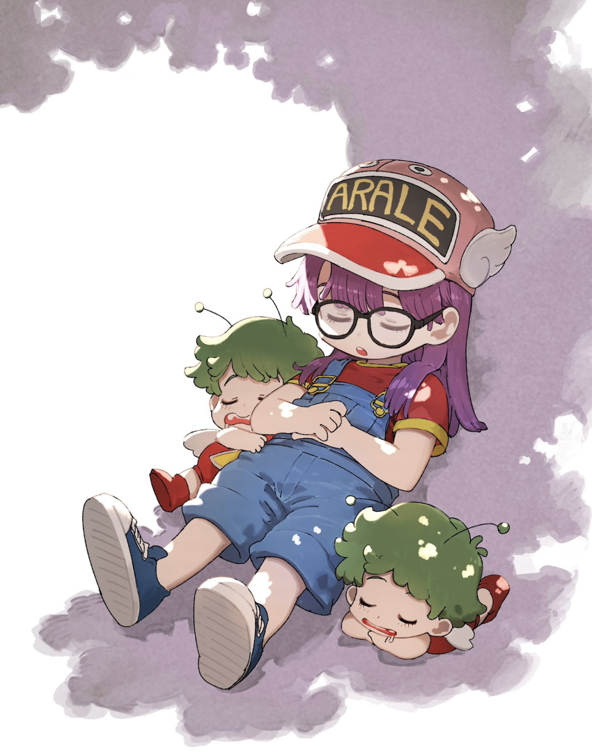 1girl 1other black-framed_eyewear blue_footwear blue_overalls character_name closed_eyes cross-laced_footwear dr._slump glasses green_hair hat highres jun_(navigavi) long_hair norimaki_arale norimaki_gajira open_mouth overalls purple_hair red_footwear red_headwear shoes sitting sleeping white_background winged_hat