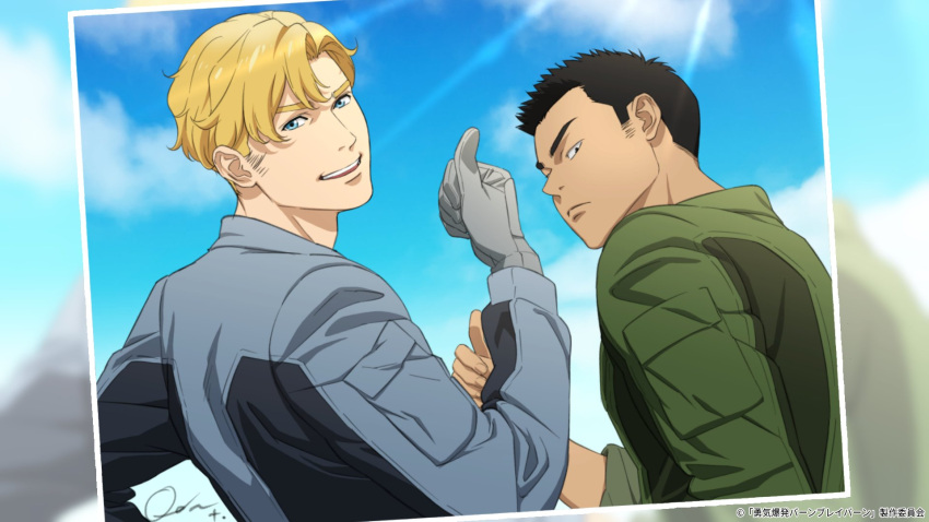 2boys ao_isami artist_request black_hair blonde_hair end_card facial_hair highres lewis_smith looking_at_viewer looking_back male_focus medium_sideburns multiple_boys official_art second-party_source sideburns_stubble smile stubble thick_eyebrows thumbs_up upper_body yuuki_bakuhatsu_bang_bravern