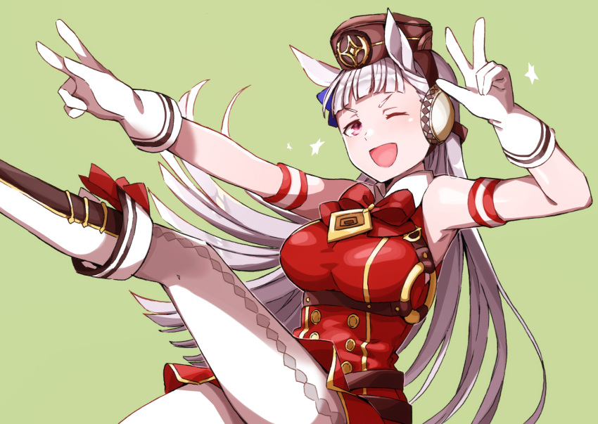 1girl animal_ears blunt_bangs boots bow bowtie breasts collared_dress dress ear_bow gloves gold_ship_(umamusume) green_background grey_hair hat highres horse_ears horse_girl leg_up long_hair looking_at_viewer nanaheibei_3 one_eye_closed open_mouth pillbox_hat purple_bow red_dress shirt sleeveless sleeveless_dress smile solo umamusume violet_eyes w white_footwear