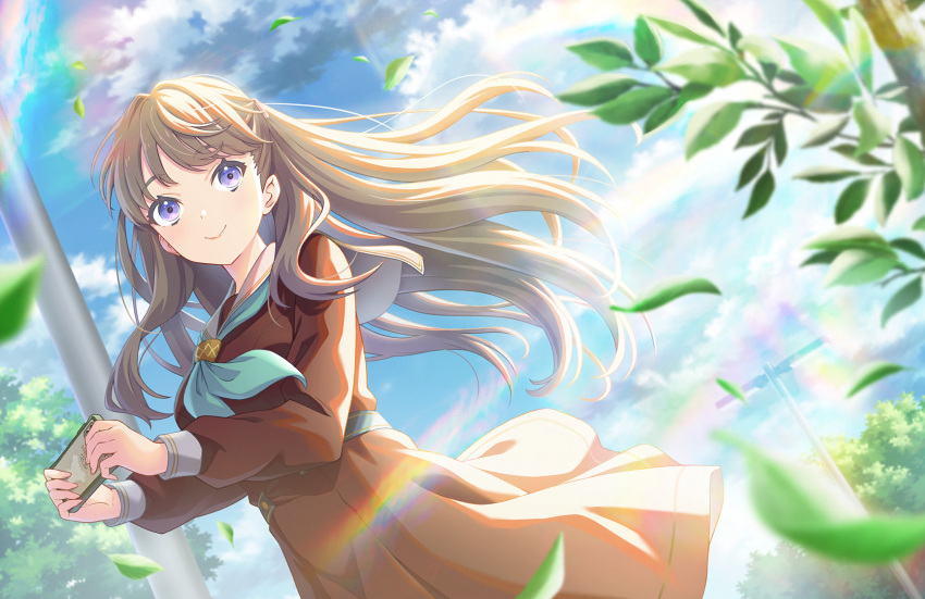 1girl aqua_neckerchief blue_sky breasts brown_dress brown_hair cellphone closed_mouth clouds dress dutch_angle falling_leaves floating_clothes floating_hair fujishima_megumi game_cg hasu_no_sora_school_uniform highres holding holding_phone lamppost large_breasts leaf lens_flare link!_like!_love_live! long_hair long_sleeves looking_to_the_side love_live! medium_dress neckerchief official_art phone pleated_dress sailor_collar sailor_dress school_uniform sky smartphone smile solo third-party_source tree two_side_up violet_eyes virtual_youtuber white_sailor_collar winter_uniform