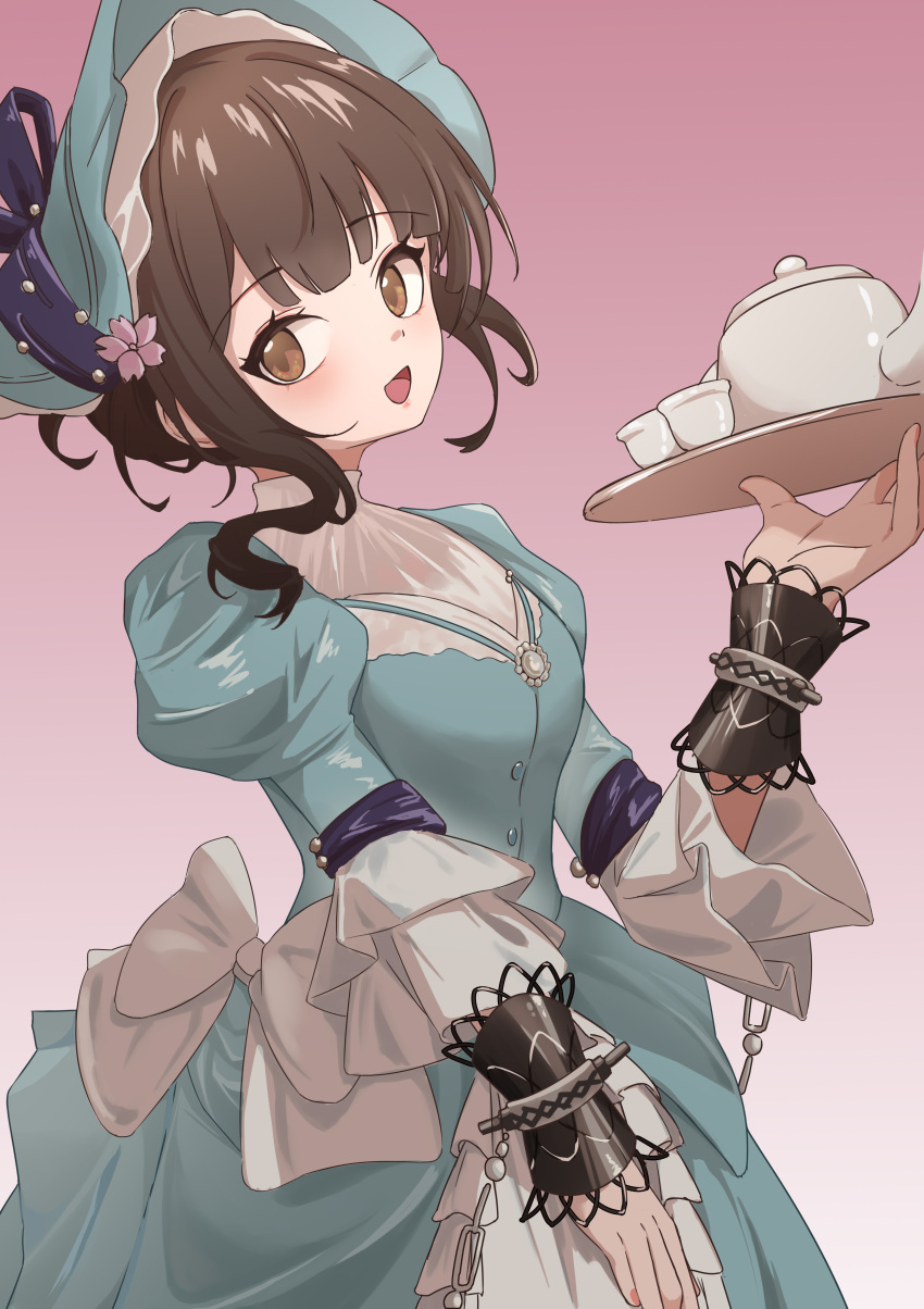 1girl :d absurdres blue_dress blue_hat blunt_bangs bonnet bow breasts brown_eyes brown_hair chain cherry_blossoms chi_jiecao_de_tianshi cuffs cup dress dress_bow flower from_side gown gradient_background hair_flower hair_ornament hand_up hat highres holding holding_tray juliet_sleeves long_sleeves looking_at_viewer official_alternate_costume pink_background pink_flower puffy_sleeves reverse:1999 satsuki_(reverse:1999) short_hair smile solo teacup teapot tray upper_body white_bow