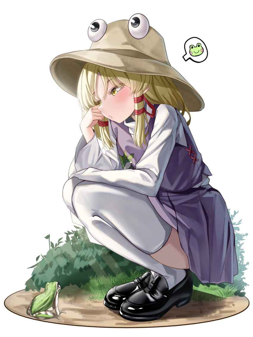 1girl animal_print black_footwear blonde_hair blush brown_hat colored_eyelashes commentary eyelashes frog frog_print from_side full_body hair_ribbon hand_up hat head_rest highres leaning_forward loafers long_sleeves looking_at_animal looking_down mahoro_(minase_mahoro) medium_hair moriya_suwako outdoors purple_skirt purple_vest pyonta red_ribbon ribbon shirt shoes sidelocks simple_background skirt solo speech_bubble squatting straight_hair thigh-highs thighs touhou tress_ribbon tsurime turtleneck vest white_background white_shirt white_thighhighs wide_sleeves yellow_eyes